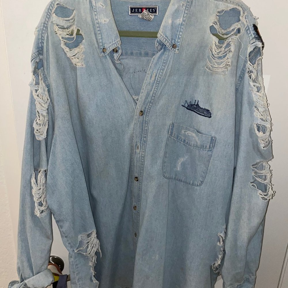 Distressed Vintage Denim Button Down Top w/ Patches